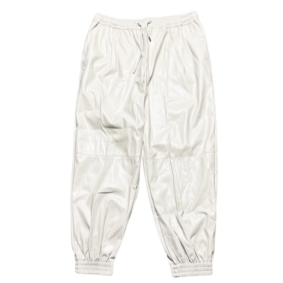 Grace + Karma Women’s Beige Cream Faux Leather High Waisted Tie Jogger Pants - Picture 1 of 16